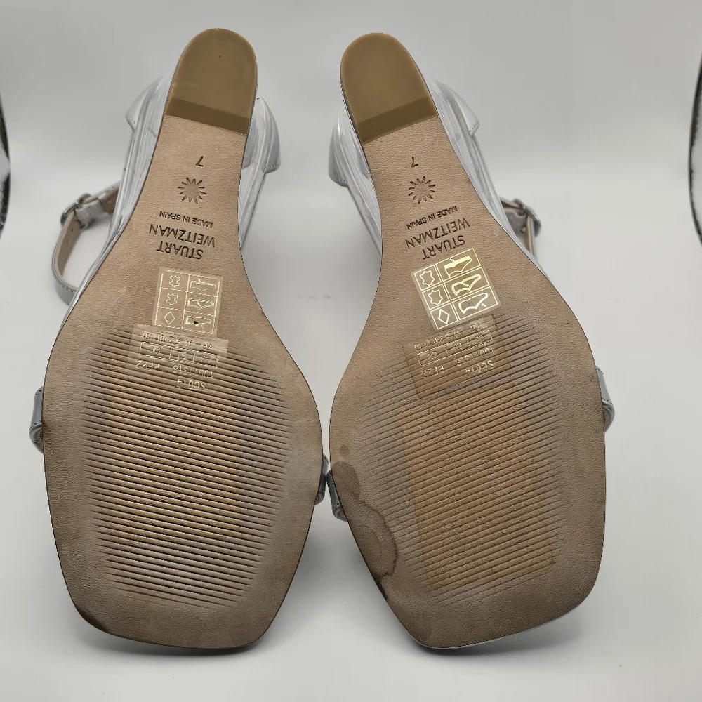 Stuart Weitzman Silver Nudist Lucite Iridescent Clear Wedge Sandal Size 7 - Picture 4 of 15
